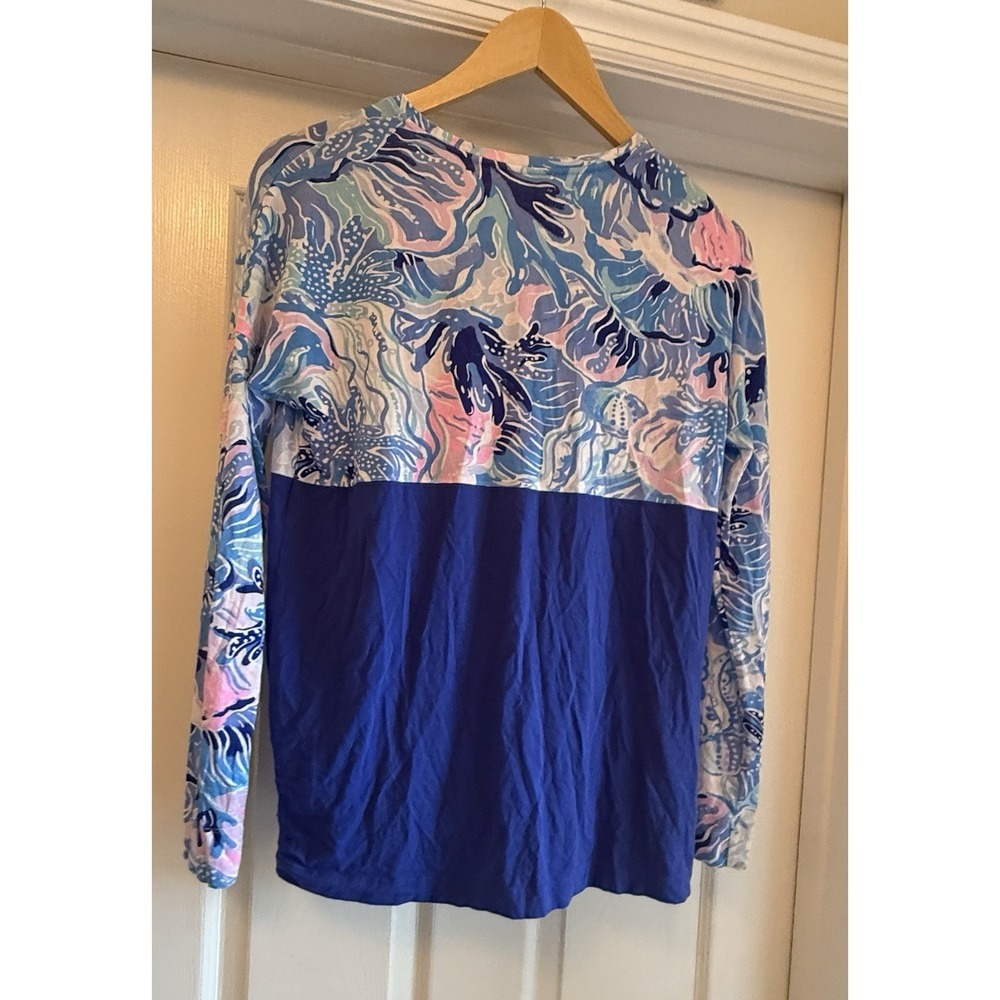 Lilly Pulitzer Top Women XS Blue Floral Colorblock V-Neck Long Sleeve Casual - Picture 3 of 4